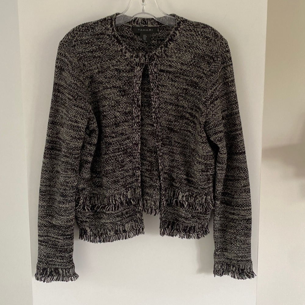 TAHARI black white cotton sweater fringe cardigan blazer S - Picture 1 of 4